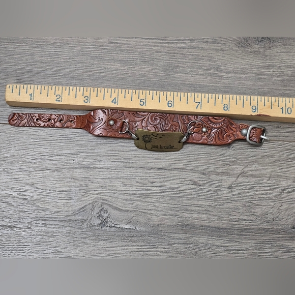 Tooled Leather Just Breathe Metal Tag Bracelet Boho Western Cowgirl Festival - Picture 3 of 5